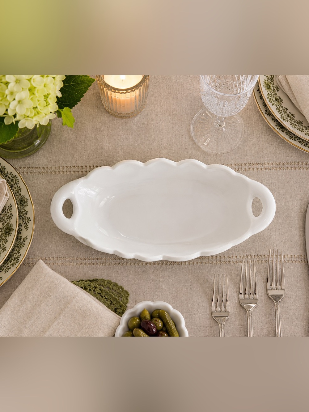 Westmoreland Sunflower Milk Glass Oval Serving Dish with Handles